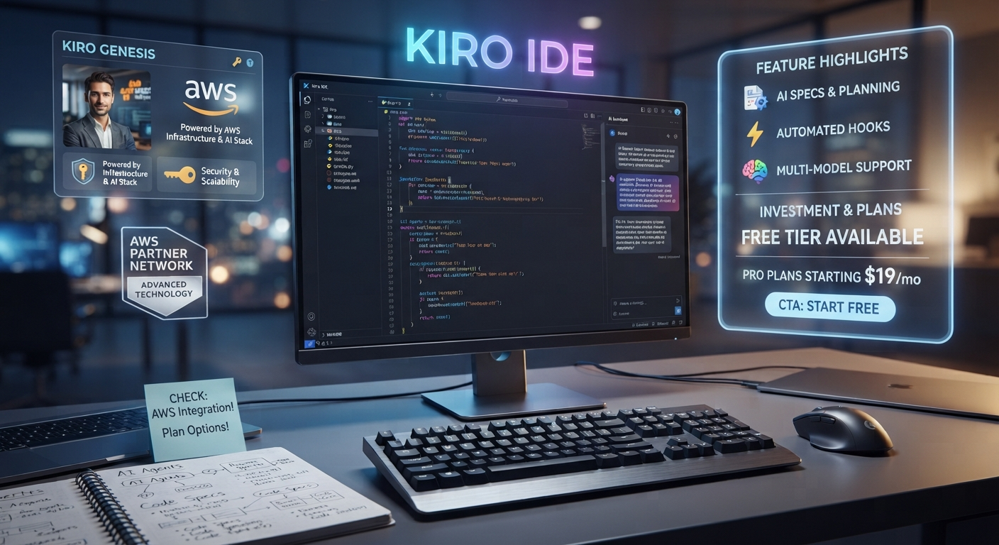 Ambiente de desenvolvimento da IDE do Kiro, com AWS integrado, código e painel de IA